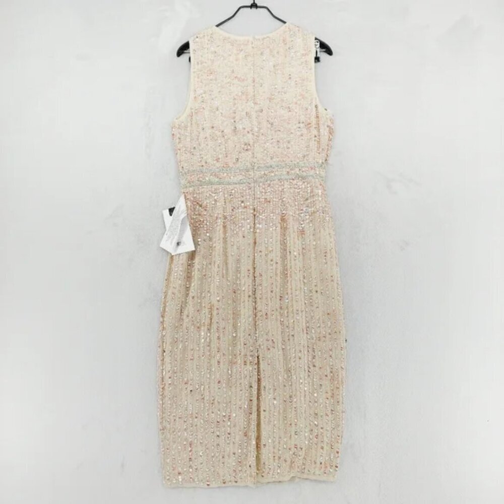 Mac Duggal NWT Nude Sleeveless High Neck Beaded Midi Sheath Dress | Size 10 - Picture 5 of 8